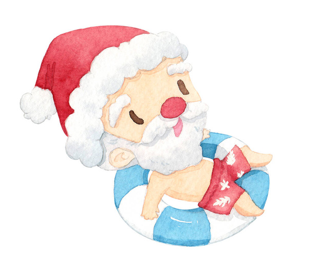 Santa Claus a kočka na vzduchovém nafukovacím prstenu. Roztomilý kreslený design postavy na bílém pozadí. Vánoce v červnu pro plakát, marketing, reklama, letní prodej, přání k pozdravu. cesta oříznutí - Fotografie, Obrázek