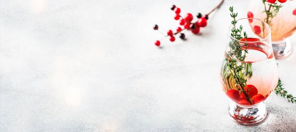 Winter alcoholic cocktail with red berries, liquor, gin, thyme and vodka for Christmas or New Year. Holiday table setting. Panoramic banner with copy space - Photo, image