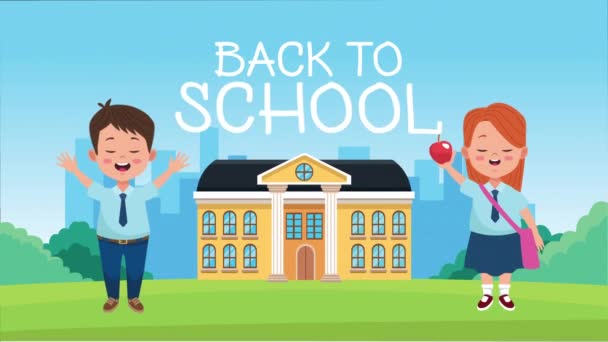 back to school season with school building and little students couple - Footage, Video