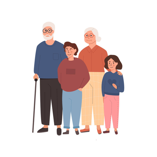 Dědeček, babička stojí s dědy. Obejmout dědečka, babičku a vnuka, vnučku. Milující rodinu. Ilustrace v plochém kresleném stylu izolované na bílém. - Vektor, obrázek