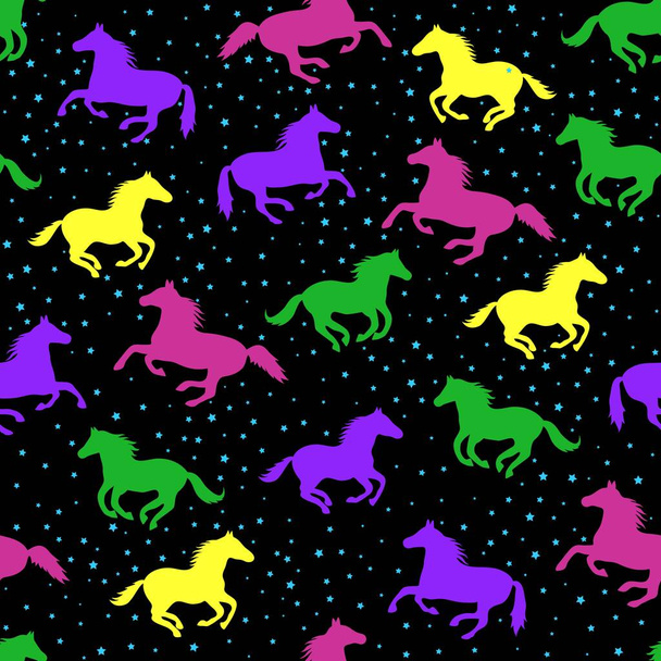 Seamless horse pattern on black background with stars. Print funny for fabric, paper and web. - Vektor, Bild