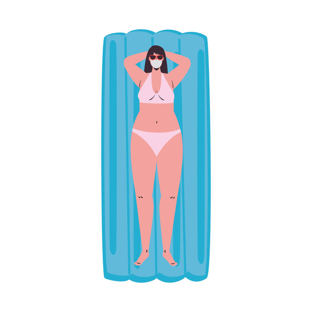 Mädchen-Cartoon mit Bikini und medizinischer Maske auf schwimmendem Vektor-Design - Vektor, Bild