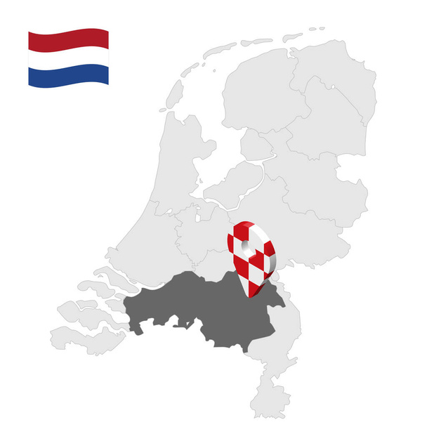 Ubicazione del Brabante Settentrionale sulla mappa Paesi Bassi. Segno di posizione 3d simile alla bandiera del Brabante settentrionale. Mappa di qualità con le province dei Paesi Bassi per il vostro design. EPS10. - Vettoriali, immagini