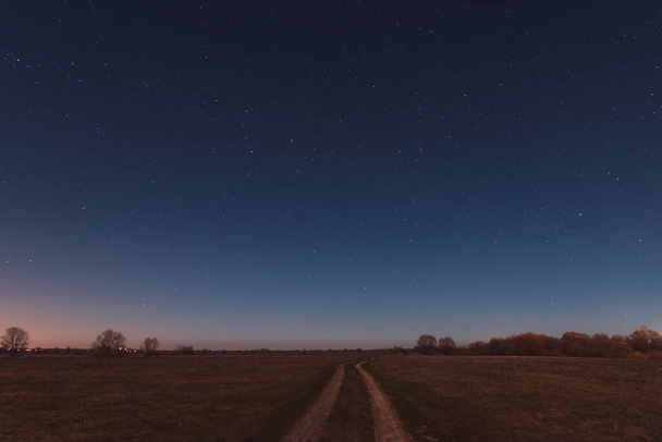 The road in the spring field starry night in the moonlight - Fotoğraf, Görsel