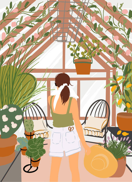 Woman in the greenhouse - Vector, Image