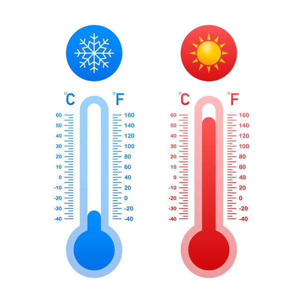 Modernes Thermometer, Sommerhintergrund. Thermometer im Cartoon-Stil. Thermostat. Vektoraktiendarstellung. - Vektor, Bild