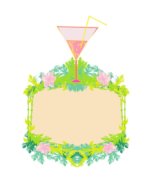 Cocktail Party on the beach, a decorative frame with palm trees and tropical flowers - Vector, afbeelding