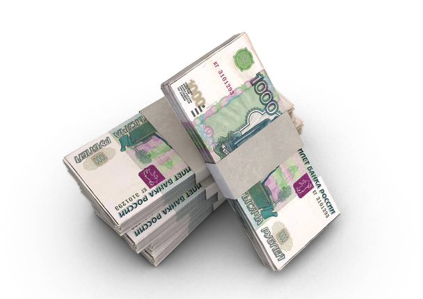 Ein Stapel gebündelter russischer Rubel-Banknoten auf einem isolierten Hintergrund - 3D-Render - Foto, Bild