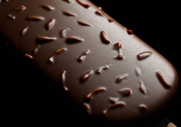 Vue rapprochée d'une glace au chocolat sur un bâton recouvert de noix, d'amandes, de noisettes. Eclairage studio. Fond noir. Illustration de rendu 3D réaliste. - Photo, image