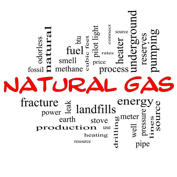 Conceito de nuvem de palavra de gás natural em tampas vermelhas
 - Foto, Imagem