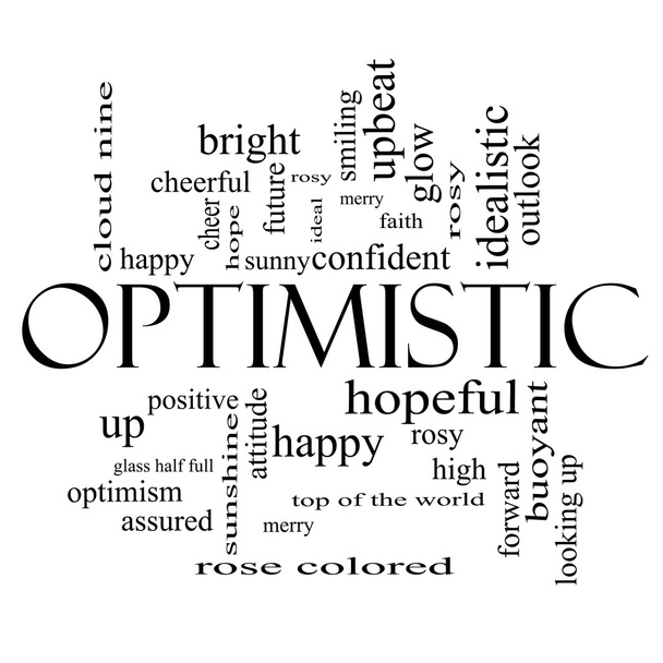 optimista szó felhő fogalmát a fekete-fehér - Fotó, kép