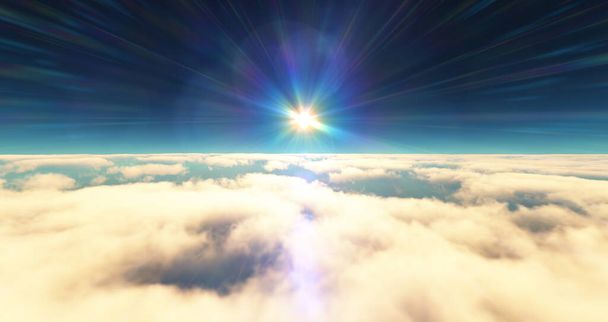 lentää pilvien yläpuolella auringonlasku maisema. 3d havainnollistaminen - Valokuva, kuva
