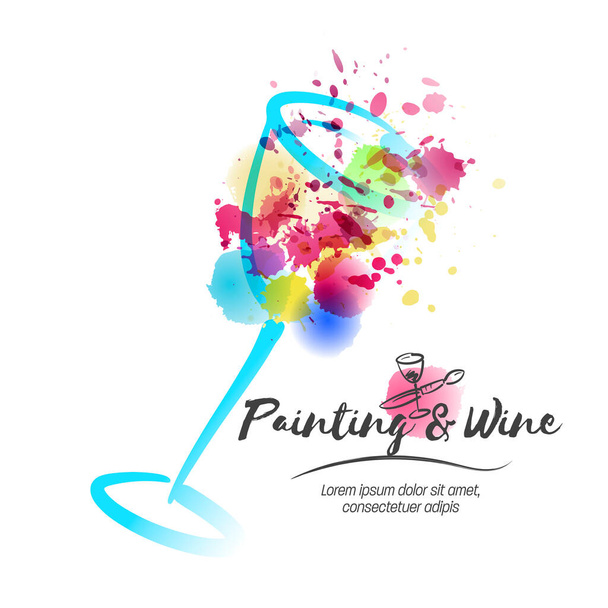 Idee voor het schilderen en wijn evenement promotie. Illustratie van wijnglas en kleurrijke plekjes. Kunst en wijn. Handgetekende pictogrammen van borstel en beker. Vector aquarelverf en vlekken. - Vector, afbeelding