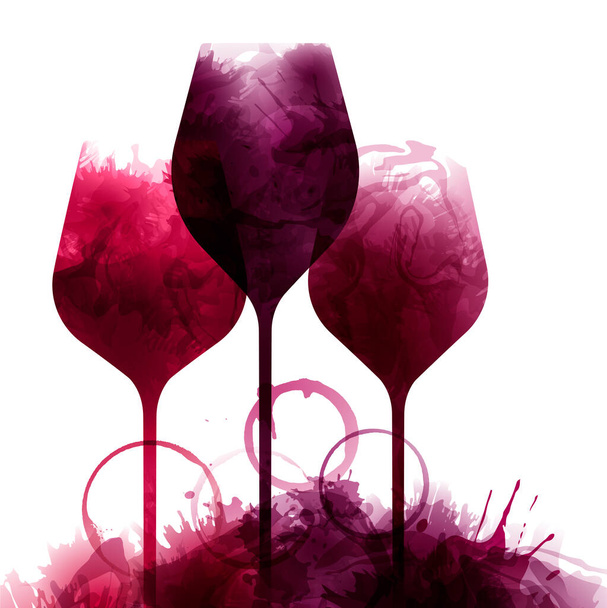 Ilustracja trzech kieliszków wina z czerwonymi plamami wina, wektor. Kawałki wina, cieczy, krople, krążki szkła. Wzór wzorów win. Plakat imprezy, impreza, prezentacja, promocja, menu, okładka książki. - Wektor, obraz