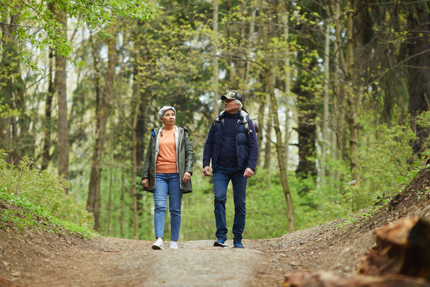 Full length portrait of active senior couple walking towards camera while enjoying hike in beautiful autumn forest, copy space - Foto, imagen