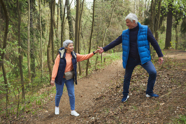 Full length portrait of active senior couple helping each other while climbing on hill during hike in forest, copy space - Photo, Image