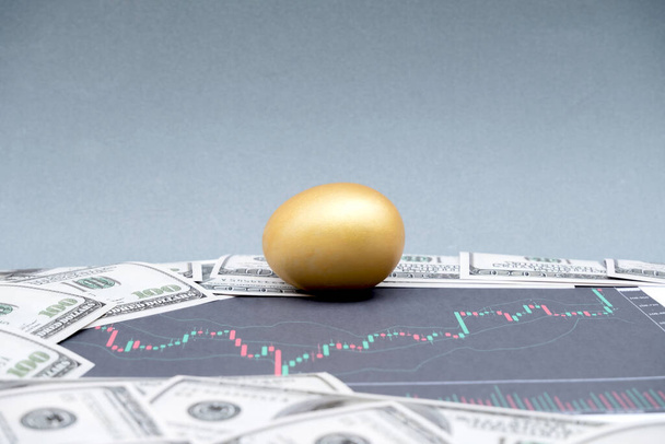 El dólar del banco junto con el huevo de oro y el gráfico de acciones, ideas para el crecimiento financiero y estrategias de éxito empresarial. - Foto, Imagen