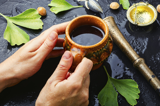 Leczenie herbata ziołowa z liści i nasion ginkgo biloba.Medical roślin.Ziołowa medycyna - Zdjęcie, obraz