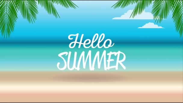 γεια αφίσα καλοκαιρινών διακοπών με γράμματα και σκηνή στην παραλία - Πλάνα, βίντεο