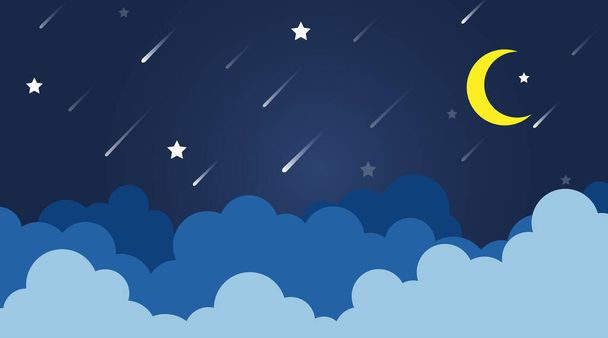 Paesaggio nuvole con stelle e luna gialla stellato il meteorite è entrato sulla terra nella notte blu scuro cielo vettore di sfondo - Vettoriali, immagini