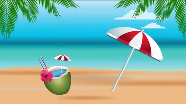 γεια αφίσα καλοκαιρινών διακοπών με κοκτέιλ καρύδας και ομπρέλα - Πλάνα, βίντεο