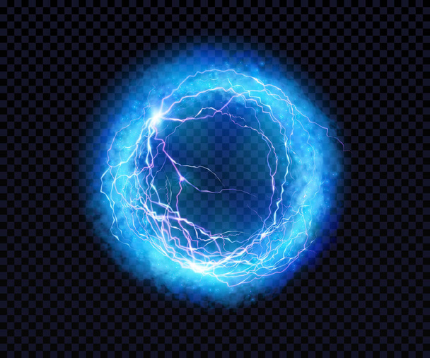 Elektrikli top. Yıldırım çemberi. Yıldırım. Vektör elektriksel deşarj etkisi. Siyah arka planda izole edilmiş mavi ve mor renkli ışık küresi. Flash, plazma topu, enerji veya portal. Vektör - Vektör, Görsel