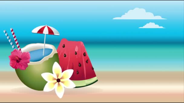 Bonjour affiche des vacances d'été avec cocktail de noix de coco et pastèque - Séquence, vidéo