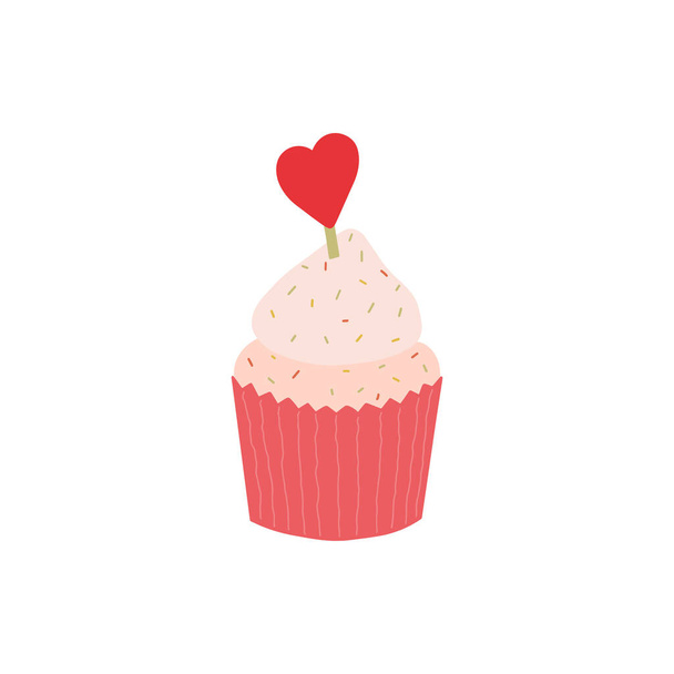 Cupcake mit Herz obendrauf. Köstliche Cupcake mit einer Kirsche und Schlagsahne und Süßigkeiten belegt. Perfekt für den Valentinstag. - Vektor, Bild