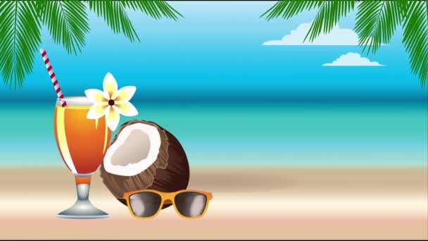 γεια αφίσα καλοκαιρινών διακοπών με καρύδα και τροπικό κοκτέιλ κύπελλο - Πλάνα, βίντεο