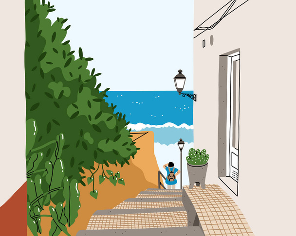 Typowa południowoeuropejska ulica w pobliżu oceanu, kobieta patrząca na morze, piękna letnia ilustracja wektora - Wektor, obraz