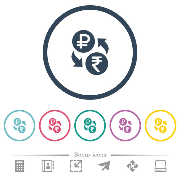 Ruble Rupee money exchange flat color icons in round outlines. 6 bonus icons included. - Vector, Image