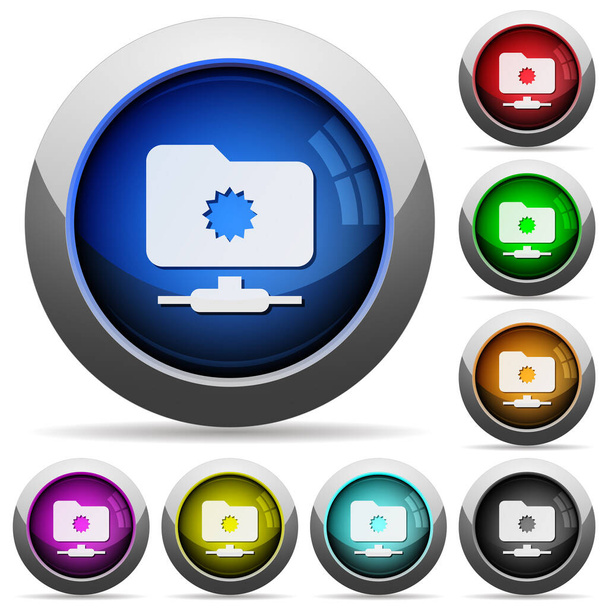 Доверенные иконки FTP в круглых глянцевых кнопках со стальными рамами нескольких цветов
 - Вектор,изображение