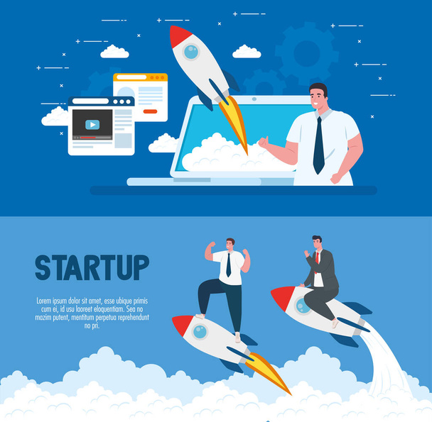 Men with start up rockets and laptop vector design - Vector, Image