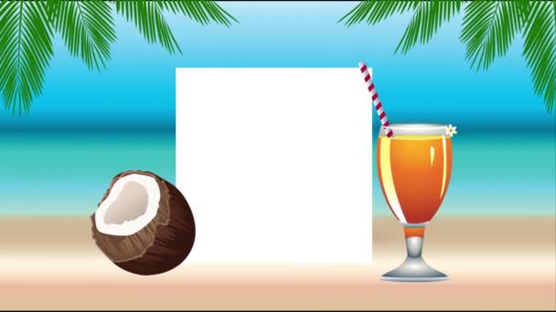 hallo zomer vakantie poster met kokosnoot en tropische cocktail cup - Video