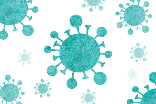 Διάφορα πράσινα ιατρικά κύτταρα του ιού της γρίπης COVID-19. Σχεδιασμός κρούσματος γρίπης Coronavirus Covid 19 σε λευκό φόντο. - Φωτογραφία, εικόνα