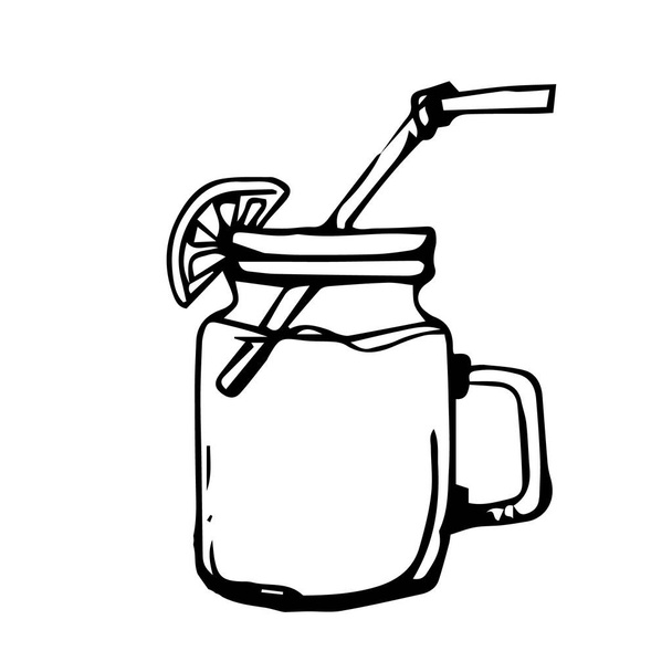 Sketch of a glass Cup with a handle and a tube. The sketch is a Cocktail with a slice of orange - Vector, Image