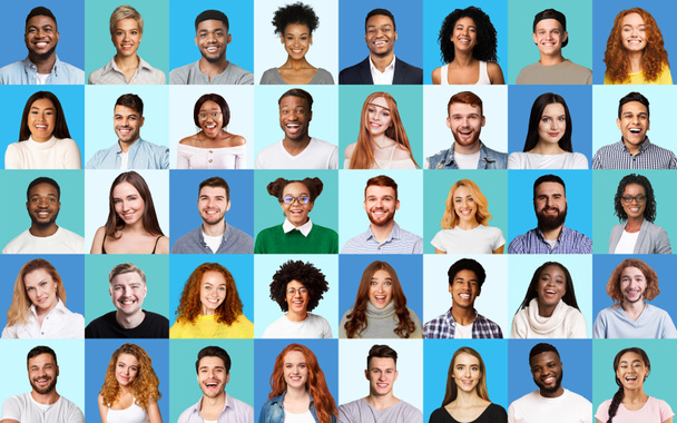 Композитна картина різноманітних людей щастя над синім тлом
 - Фото, зображення