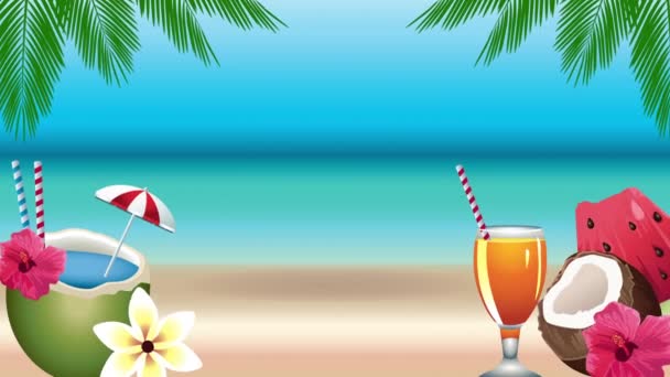 witam letni plakat wakacyjny z tropikalnymi napojami na plaży - Materiał filmowy, wideo