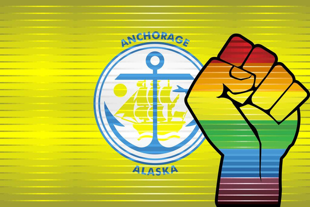 Shiny LGBT Protest Fist on a Anchorage Flag - Illustration, Abstract grunge Anchorage Flag and LGBT flag - Вектор, зображення