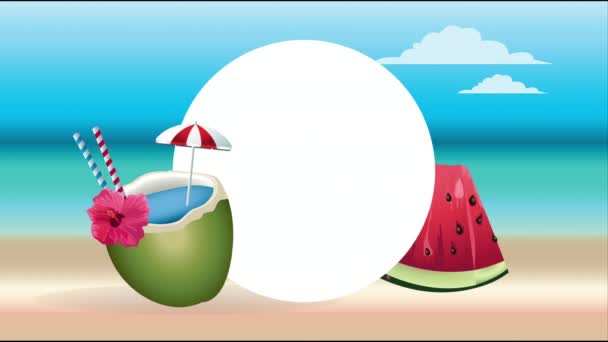 hello summer holiday poster with coconut cocktail and watermelon - Footage, Video