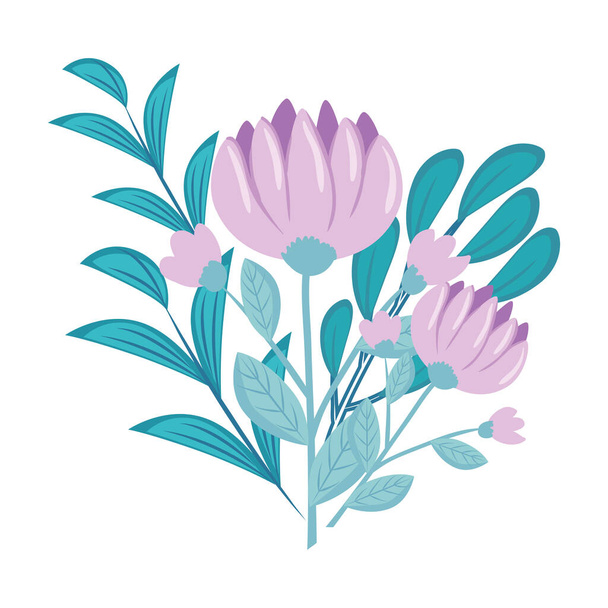 μοβ λουλούδια με σχέδιο διάνυσμα φύλλα - Διάνυσμα, εικόνα