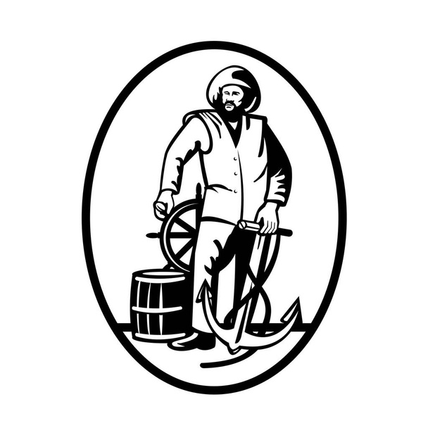Retro zwart-wit stijl illustratie van commerciële visser aan het roer met anker en houten vat gezien vanaf de voorzijde geplaatst in ovaal op geïsoleerde achtergrond. - Vector, afbeelding