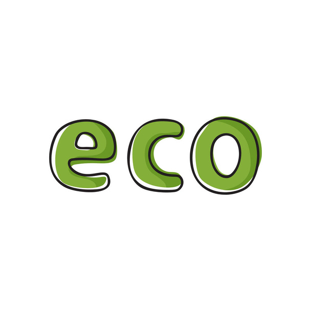 Eco sketch text with green fill moved beyond outline. Hand drawn cartoon illustration for zero waste lifestyle. Emblem for nature products in doodle style. Isolated vector sign on white background - Вектор, зображення