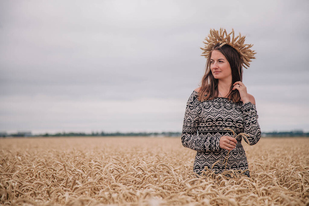 Beautiful, slender girl in a field of wheat against the rain sky - Foto, immagini