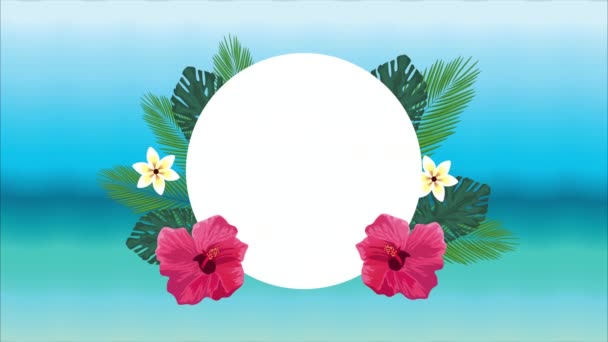 γεια αφίσα καλοκαιρινών διακοπών με τροπικά λουλούδια και φύλλα στην παραλία - Πλάνα, βίντεο