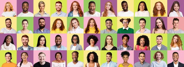 Mozaika multikulturních lidí tváří v tvář usmívání přes barevné pozadí studia - Fotografie, Obrázek