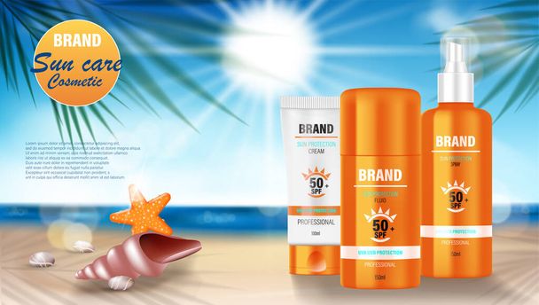 Napvédő, fényvédő és naptejes reklámok tervezése. Kozmetikai arc és testápoló banner tengeri kagylókkal és pálmafákkal a tengerparton. vektor illusztráció - Vektor, kép