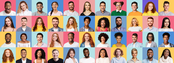 Mosaik von glücklichen Millennials, die auf verschiedenen farbigen Hintergründen posieren - Foto, Bild