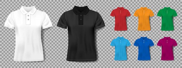 Colorato realistico slim maschio polo modello di design. Set di camicie manica corta per lo sport, polo classica da uomo. Illustrazione vettoriale - Vettoriali, immagini