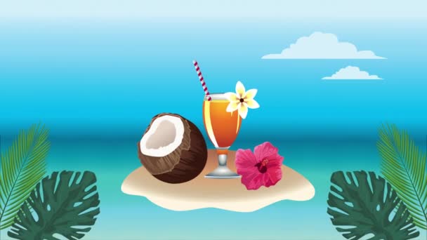 hello summer holiday poster with coconut and tropical cocktail cup - Footage, Video